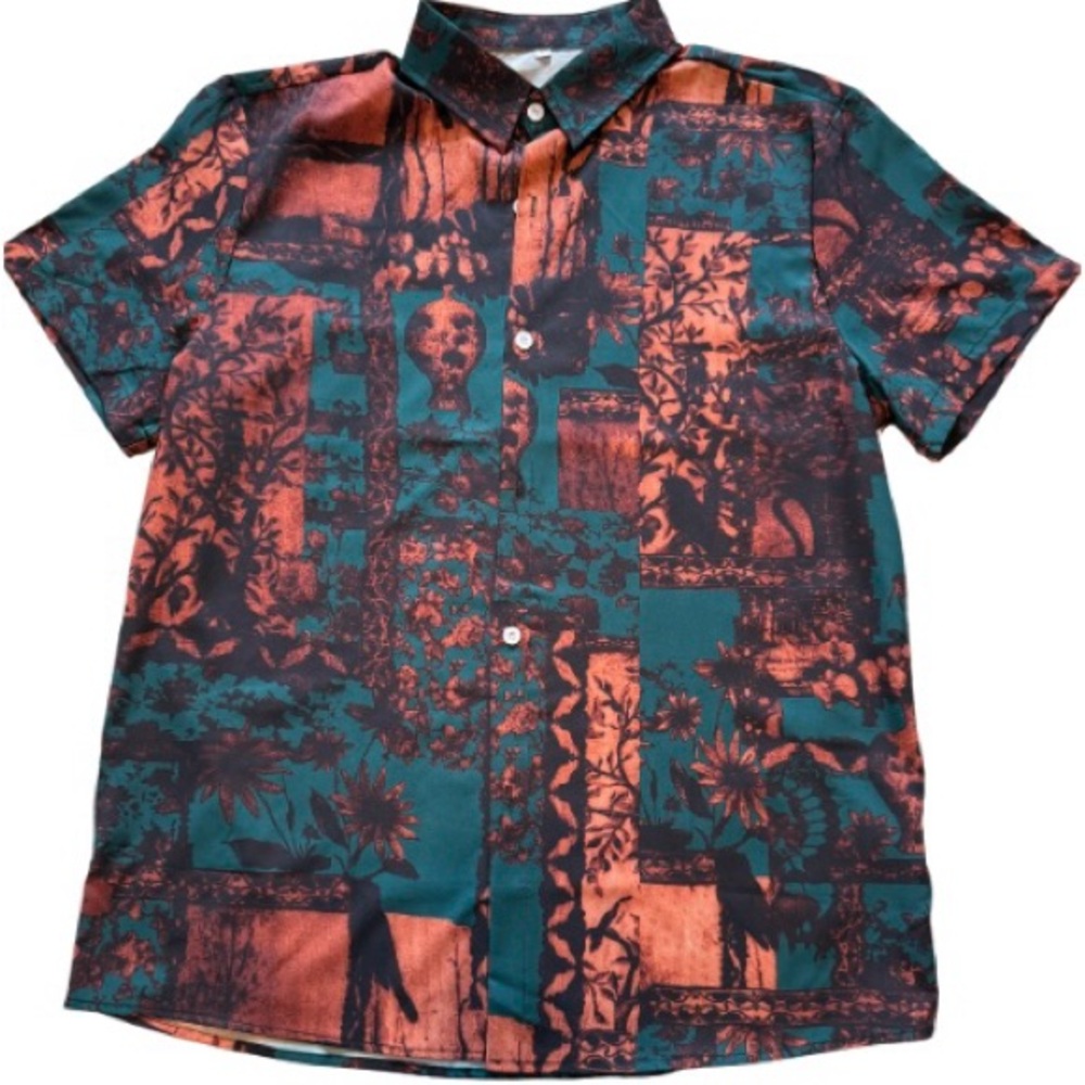 Orange and Green Casual Button Down Shirt with Abstract Pattern